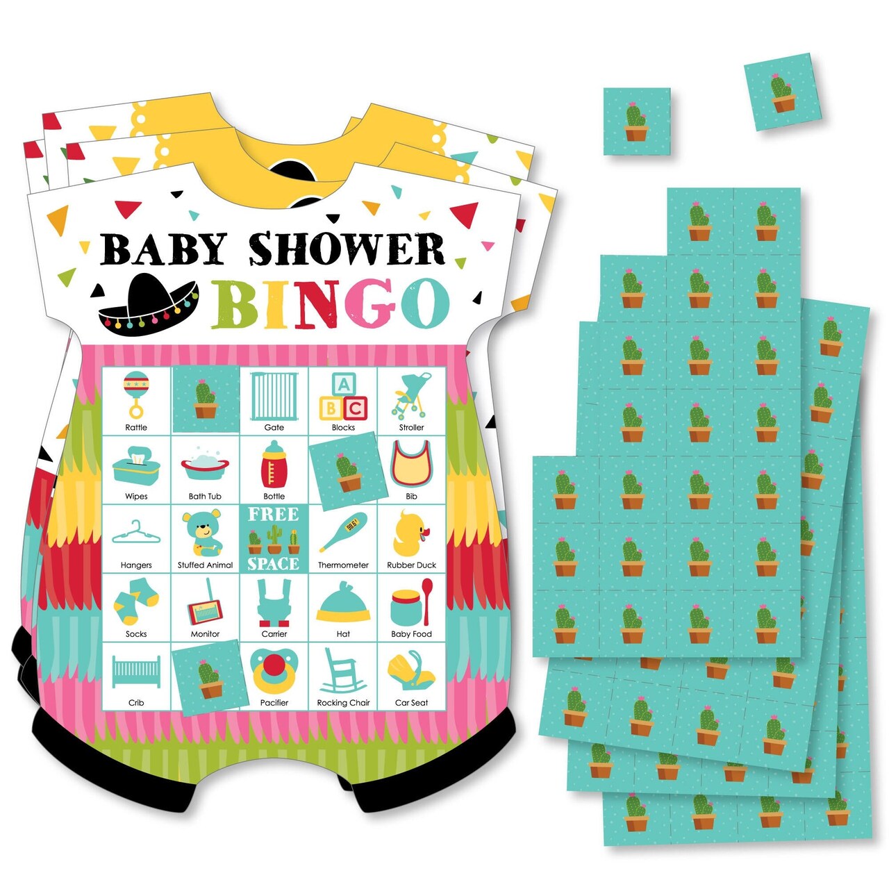 Big Dot of Happiness Let's Fiesta - Picture Bingo Cards and Markers - Baby Shower Shaped Bingo Game - Set of 18